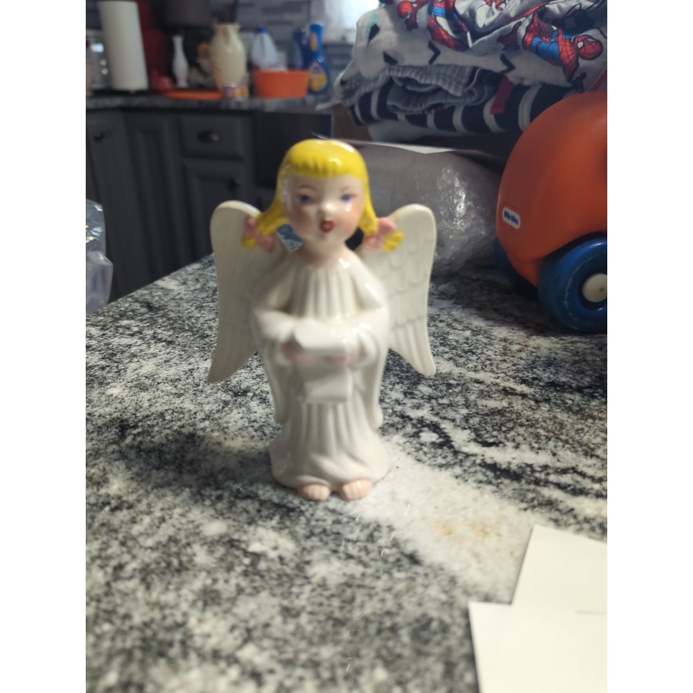 Vintage 1950s Holland Mold Ceramic Singing Angel Blonde Hair Pigtails Pink